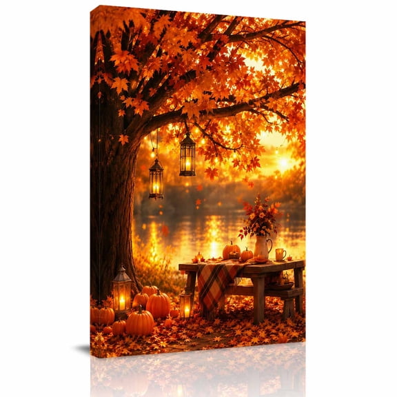 Canvas Wall Art, Fall Maple Leaf Framed Canvas Prints for Living Room Office, Thanksgiving Autumn Pumpkins Trees Orange Large Gallery Wrapped Wall Decor for Home Office, Gifts, 16"x24" Ship Next Day