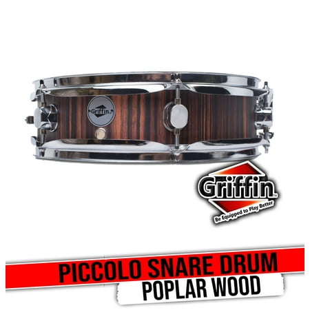 Griffin Snare Drum 13" x 3 - 5" Piccolo - 100% Poplar Wood Shell with Black Hickory Finish and Coated Drum Head - Professional Drummers Percussion Instrument with Bright Tone and Brilliant Attack