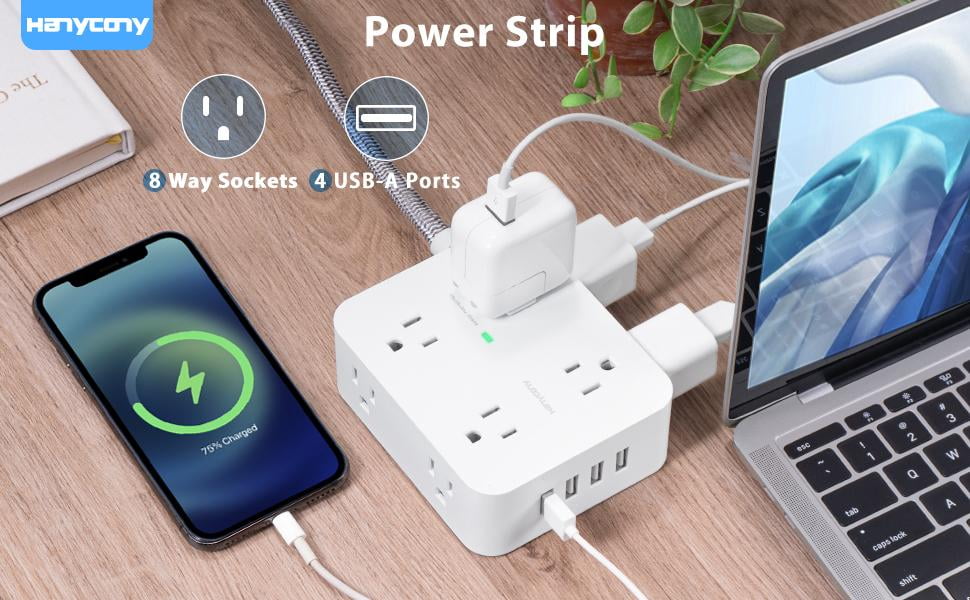 Office and More Power Strip Surge Protector- Addtam 8 Widely Spaced Outlets 4 USB Charging Ports Wall Mount for Home 5Ft Flat Plug Extension Cord Overload Surge Protection 1 USB C 