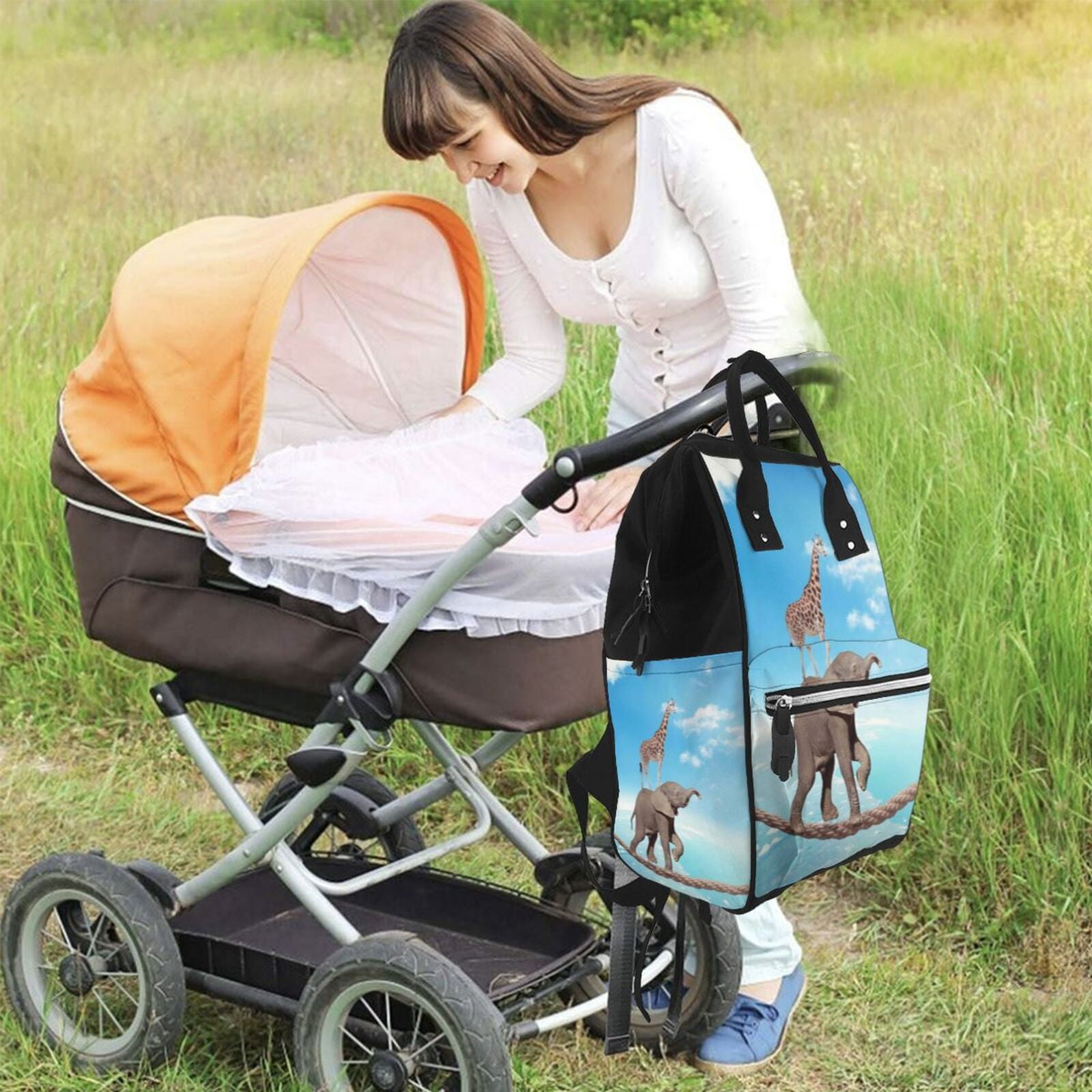 Ratiio Elephant Giraffe Mummy Backpack - Waterproof Twill Canvas, Large Capacity Diaper Bag with Multiple Pockets and Adjustable Straps