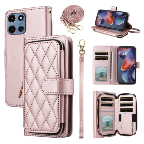 Furiet Argyle Wallet Case for Motorola Moto G 5G 2025 with Wrist/Shoulder Strap, Card Slots Zipper Purse Luxury PU Leather Card Holder Stand Cell Phone Cover for G5G 5 G G5 Women Girls Rose Gold