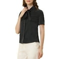 thumbnail image 4 of Allegra K Women's Elegant Satin Tie Neck Blouse Office Short Sleeve Button Down Shirt, 4 of 6