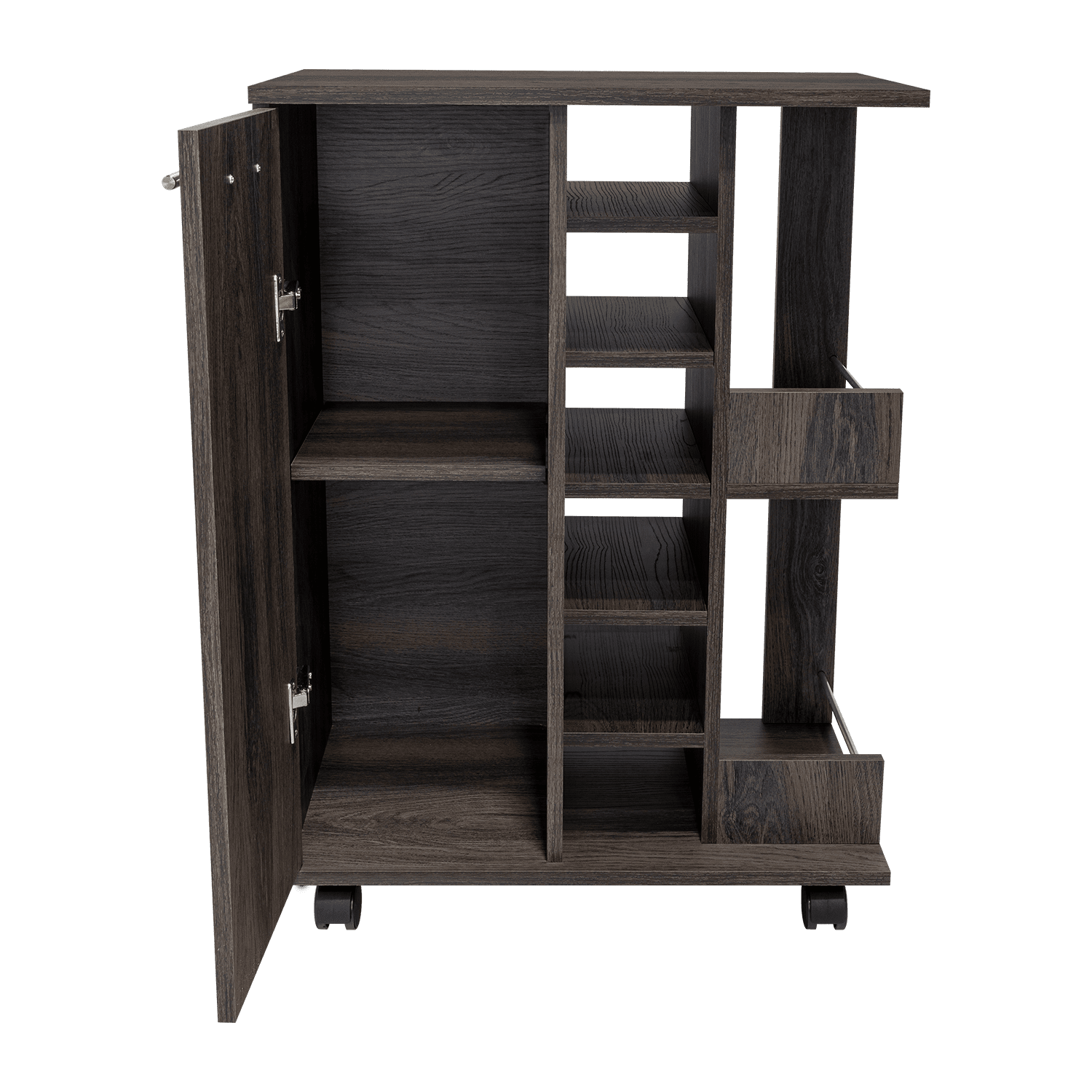 Bar Cart, Two External Shelves, Four Casters, Six Built-in Wine Rack, Single Door Cabinet -Espresso