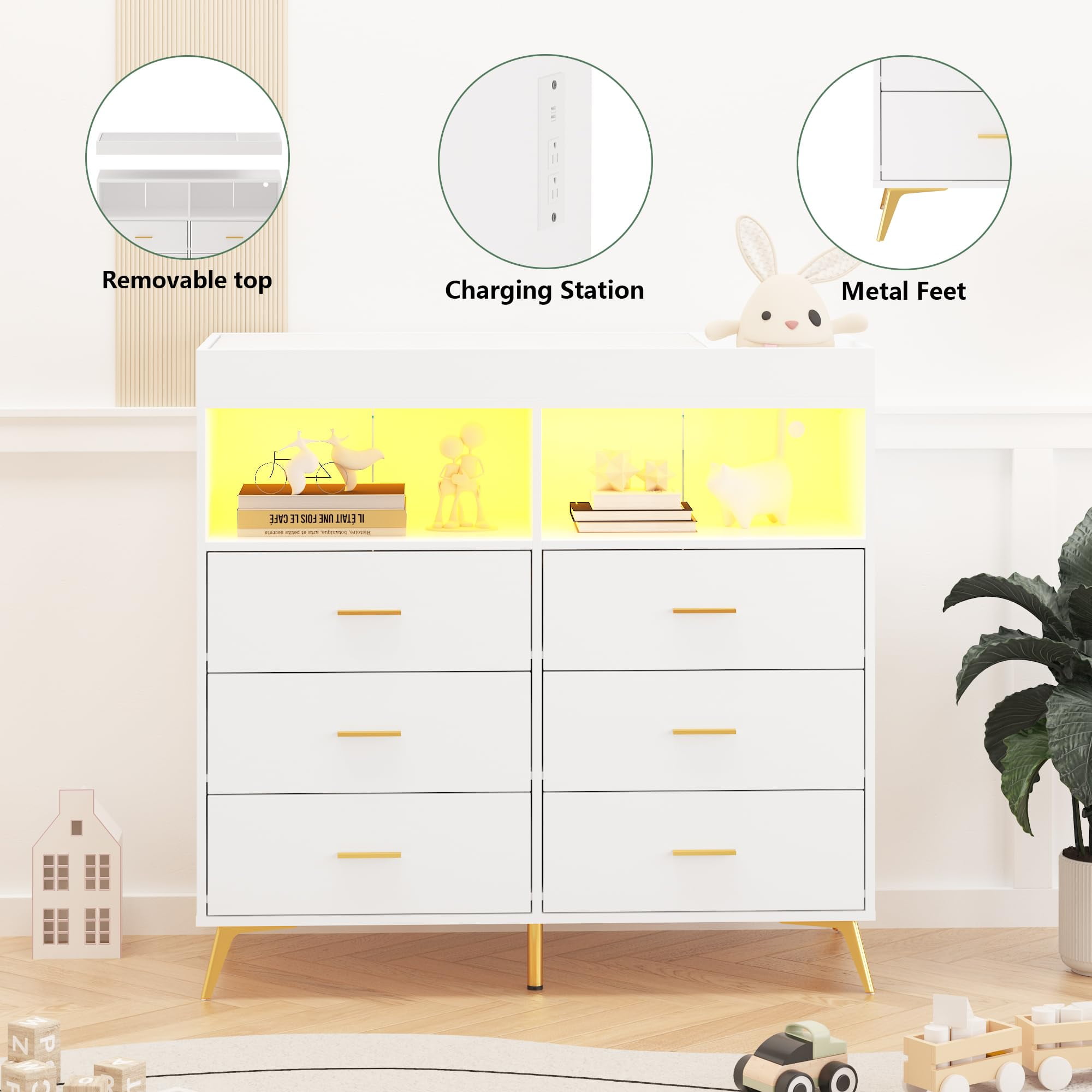 Accreate Dresser for Bedroom with 6 Drawers, Baby Changing Table Dresser with Changing Pad, LED Lights & Charging Station, Baby Changing Station with Changing Table Top