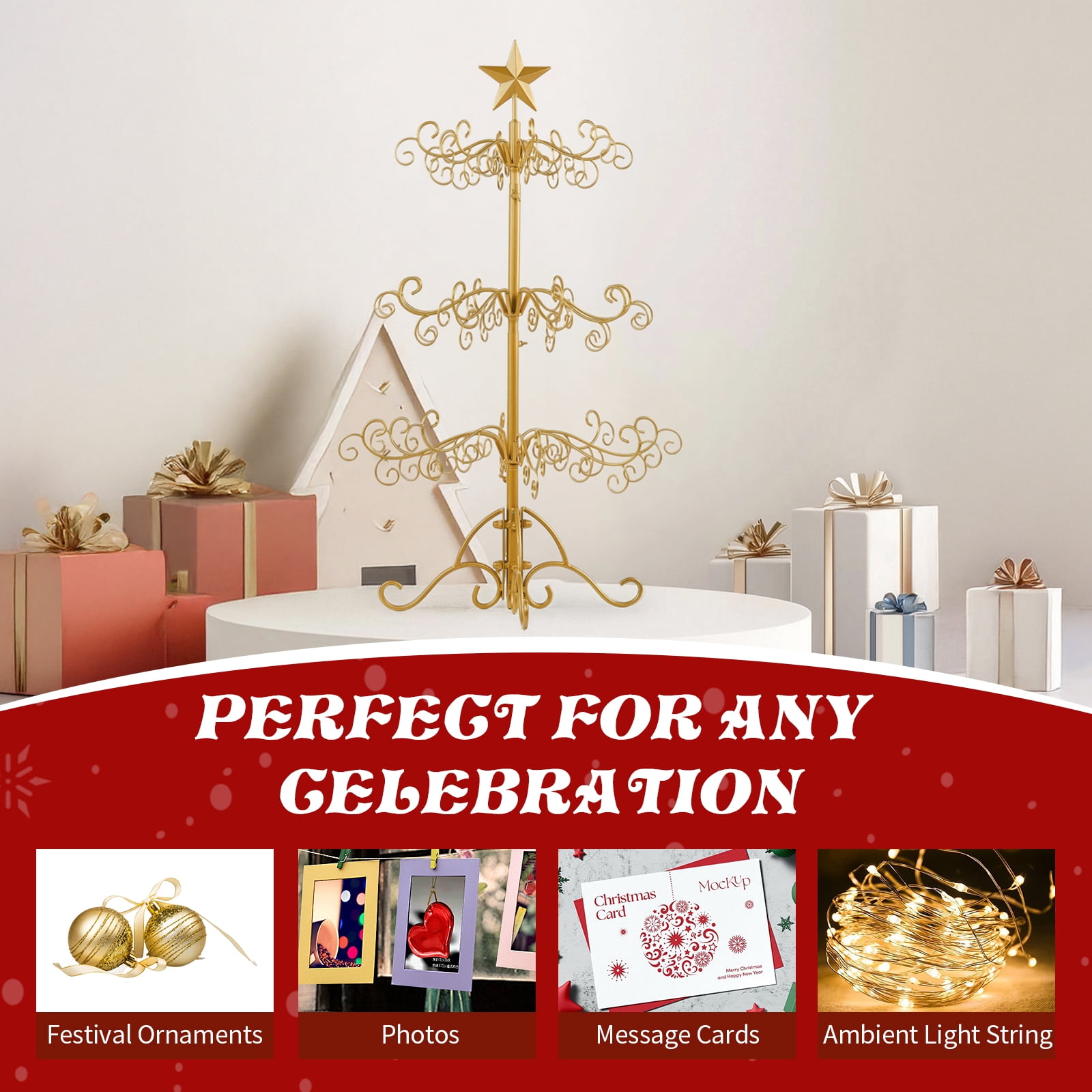 Astoutdoor 3 ft Wrought Iron Christmas Tree, Gold Metal Ornament Display Stand for Holiday Party Home Decor, Indoor and Outdoor Hanger