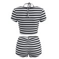thumbnail image 6 of Arlun Women’s 3 Piece Stripe Outfits Short Sleeve Cut out Crop Top and Sleeveless Cami Bodycon Mini Shorts Set Y2k Color Block Stretchy Slim Fitted Summer Beach Party Matching Sets Black XL, 6 of 7