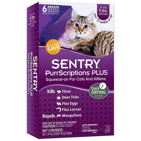 Sentry PurrScriptions Plus Cat & Kitten Squeeze-On Flea & Tick Control, for Cats Over 5 lbs., 6 dose