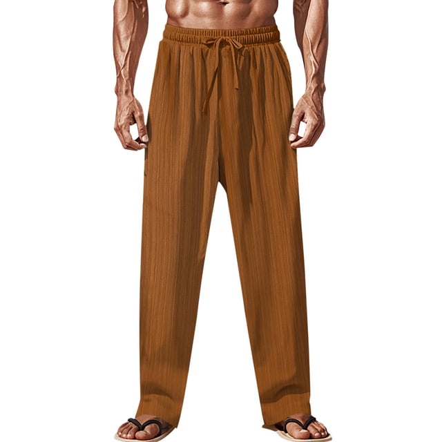 Pantalones largos de verano para hombre, casuales, de moda, de color sólido, con cordón y cintura elástica.