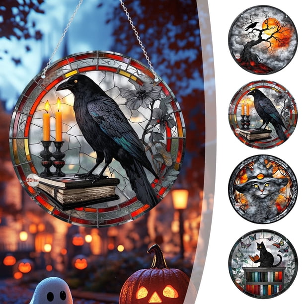 Decoración de Escena para Colgar En La Pared con Puertas y Ventanas de Acrílico de Cuervo de Halloween