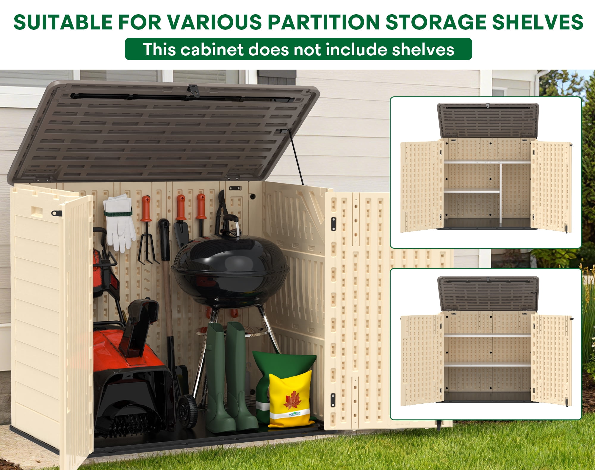 EVOKEDEN 30 Cu.Ft Outdoor Storage Shed, Multi-Purpose Weather-Resistant Utility Shed for Garbage Cans w/ Pad-Lockable Doors Khaki