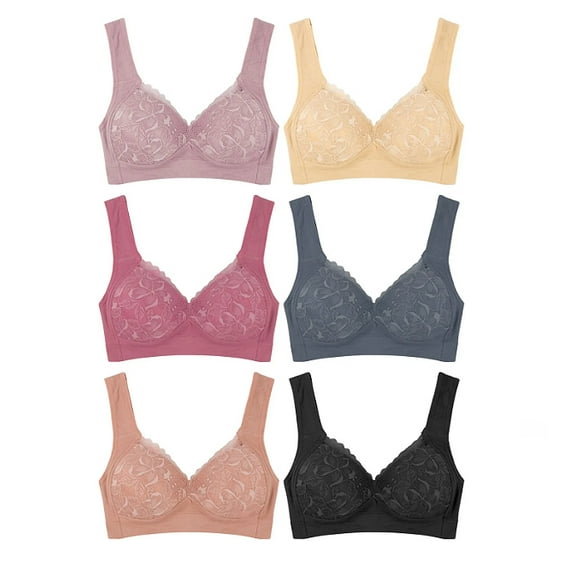Women's Lace Trimmed No Wire Supportive Assorted Color Bra Set Pack of 6 (34B)