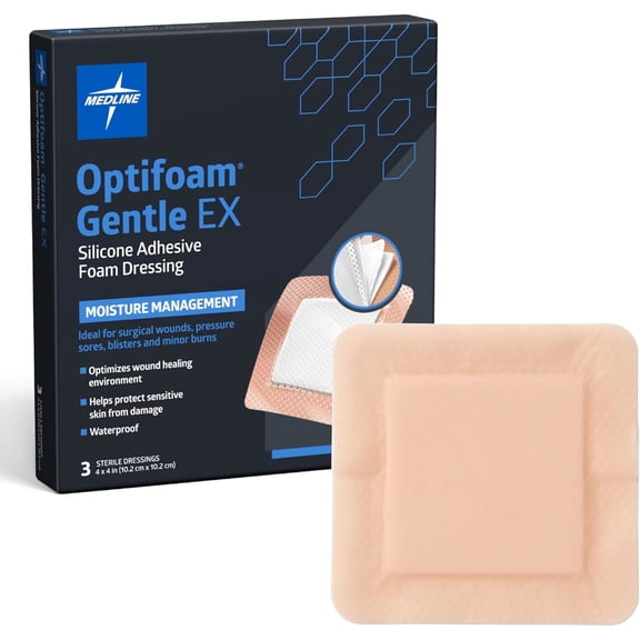 Medline Optifoam® Gentle EX Silicone Adhesive Foam Dressing, 4 in x 4 in Dressing with 2.5 in x 2.5 in, 3 Pack