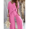 thumbnail image 2 of ZOELNIC Womens Summer 2 Piece Outfits Short Sleeve V Neck Tops Wide Leg Long Pants Casual Tracksuit Lounge Set, S, 2 of 4