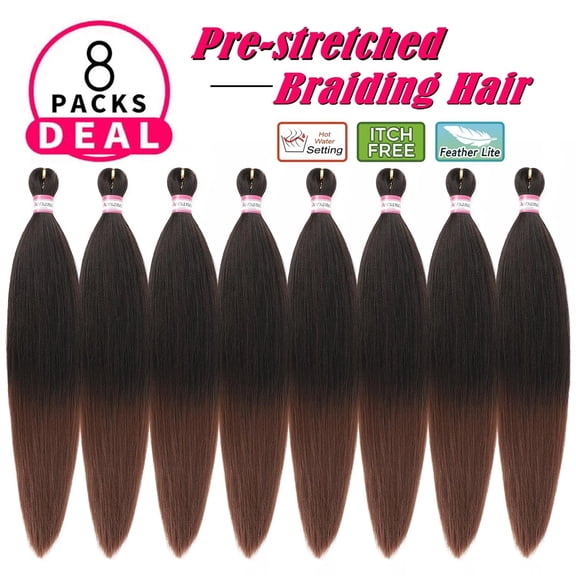 WEIF-Pre-stretched Braiding Hair Extension Ombre Natural Black Brown Professional Crochet Braiding Hair 24 Inch 8 Packs Hot Water Setting Perm Yaki Synthetic Hair for Twist Braids (#1B/30)