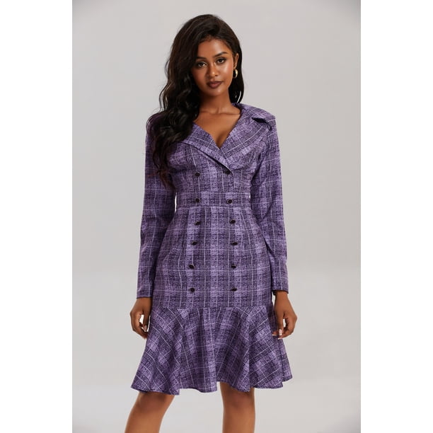 Vestido de mujer estilo urbano, de manga larga, con estampado de cuadros y doble botonadura y solapa estilo europeo y americano