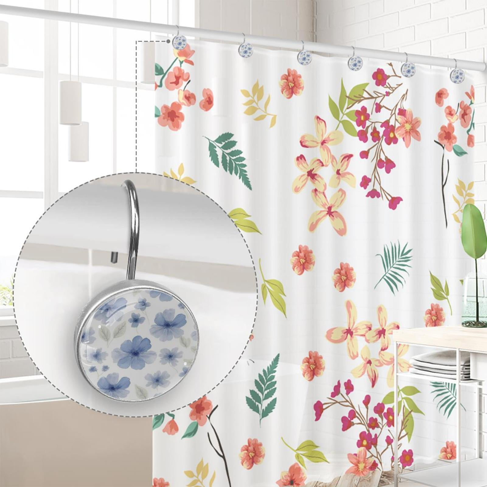 HemaKayy 12 Pcs Shower Curtain Hooks Bathroom Decorative Accessories Elegant Blue Flowers Transparent