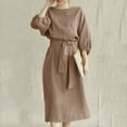 thumbnail image 5 of Vestido largo de mujer con cintura alta, cuello redondo y lazo, de color liso, de algodón y lino, informal/para la playa/fiesta, largo hasta los tobillos., 5 of 5
