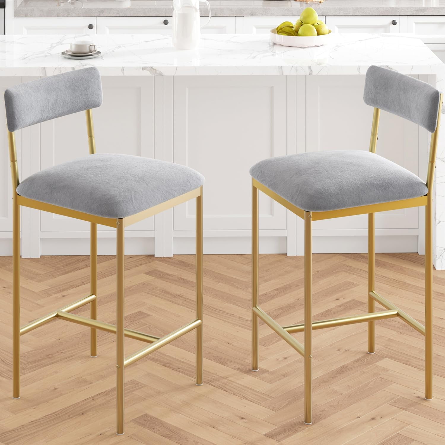 Bar Stools Set of 2, Upholstered Bar Chairs with Back, 25.5 Inches Kitchen Bar Stools with Footrest, Thick Cushion, Counter Height Barstools for Island, Bar, Easy Assembly, Velvet Grey and Gold