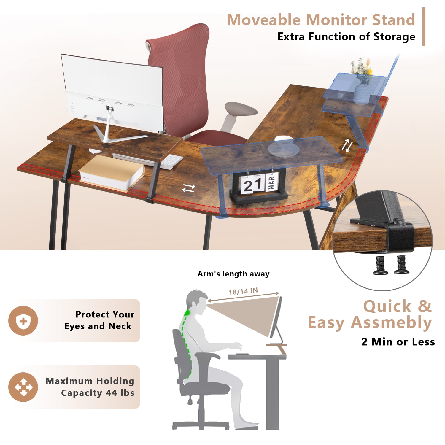 Lacoo Home Office Writing Desk Modern L-Shape Computer Desk, Brown