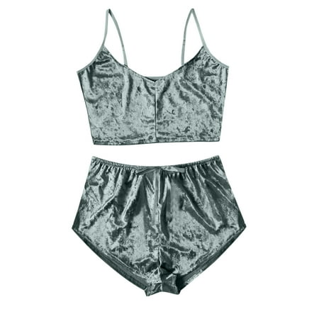 

Women s Velvet Cami Pajama Set 2 Piece Cami and Shorts PJ Set Soft Lingerie Sleepwear Spaghetti Straps Nightwear