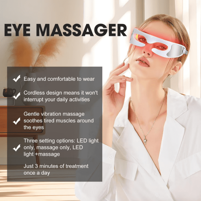 Cordless Eye Massager with Red Light Therapy, Vibration Eye Relaxation Goggles for Tired Eyes, Portable Wearable Eye Care Device for Home & Office