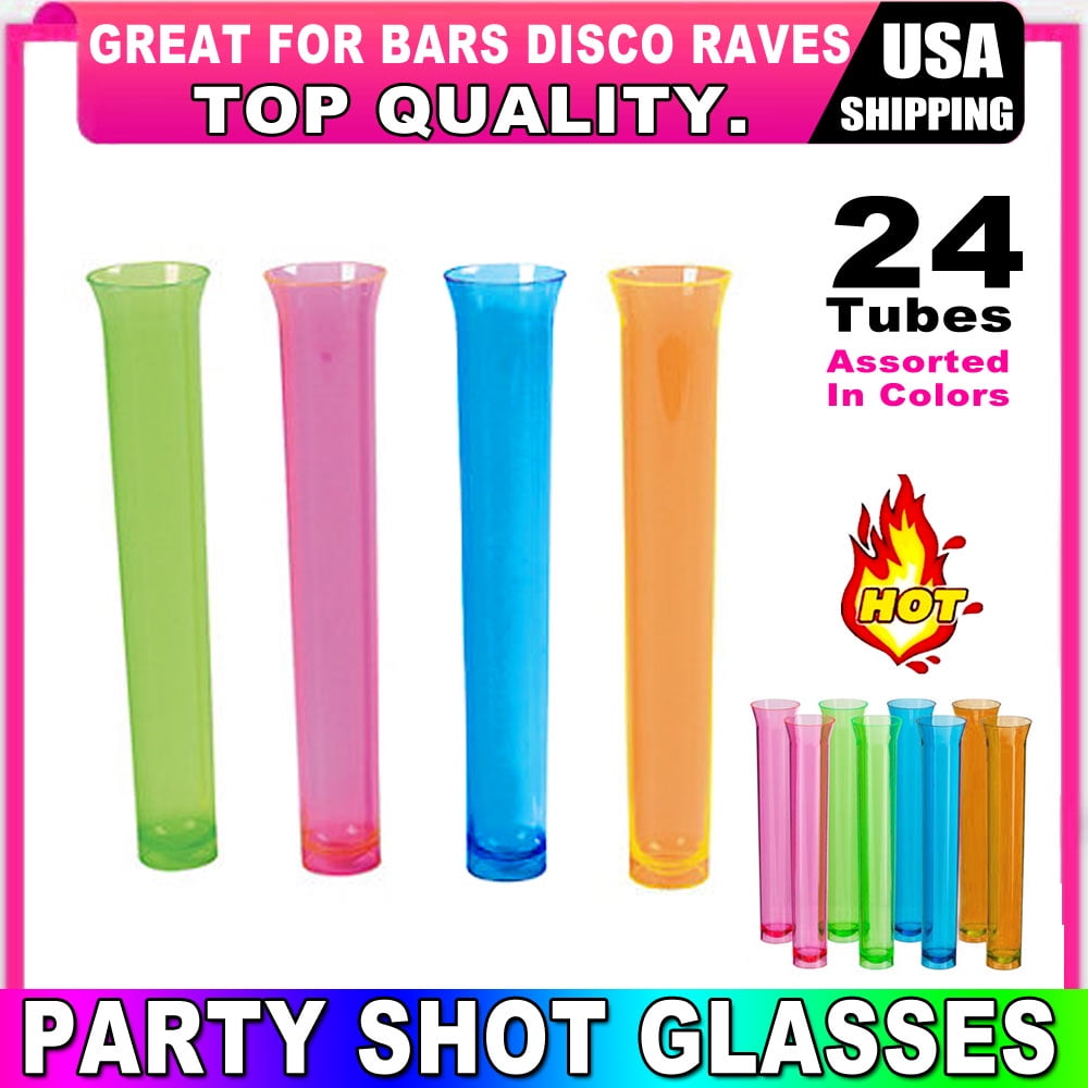 24 Party Tube Shot Glasses Test Clear Neon Plastic Shooter Bar Luau Birthday New by Regent Products
