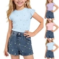 thumbnail image 2 of Qingpeng Girls Summer Ruffled Cap Sleeve Crew Neck Top Embroidered Denim Shorts Casual Matching Outfit Set for Kids, 2 of 9