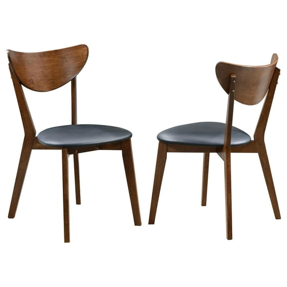 Set of 2 Black Leatherette Dining Chairs with Walnut Legs - Mid-Century Modern Style