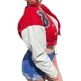 thumbnail image 4 of Veste Courte Uniforme de Baseball à Blocs de Couleur pour Femmes en Cuir Imprimé Manches Longues Broderie Lettre, 4 of 5