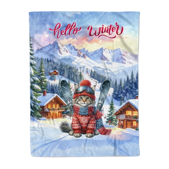 Hello Welcome Winter The Ski Maine Coon Snowy Day Cozy Fleece Blanket Cat Lover Kitten Owner Gifts Warm Soft Throw Blanket - 13013