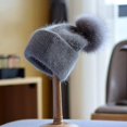 thumbnail image 5 of Gorro de angora para mujer, gorro de invierno tejido con pompón de piel auténtica, accesorio cálido para esquiar al aire libre, de lujo, para otoño, 5 of 5