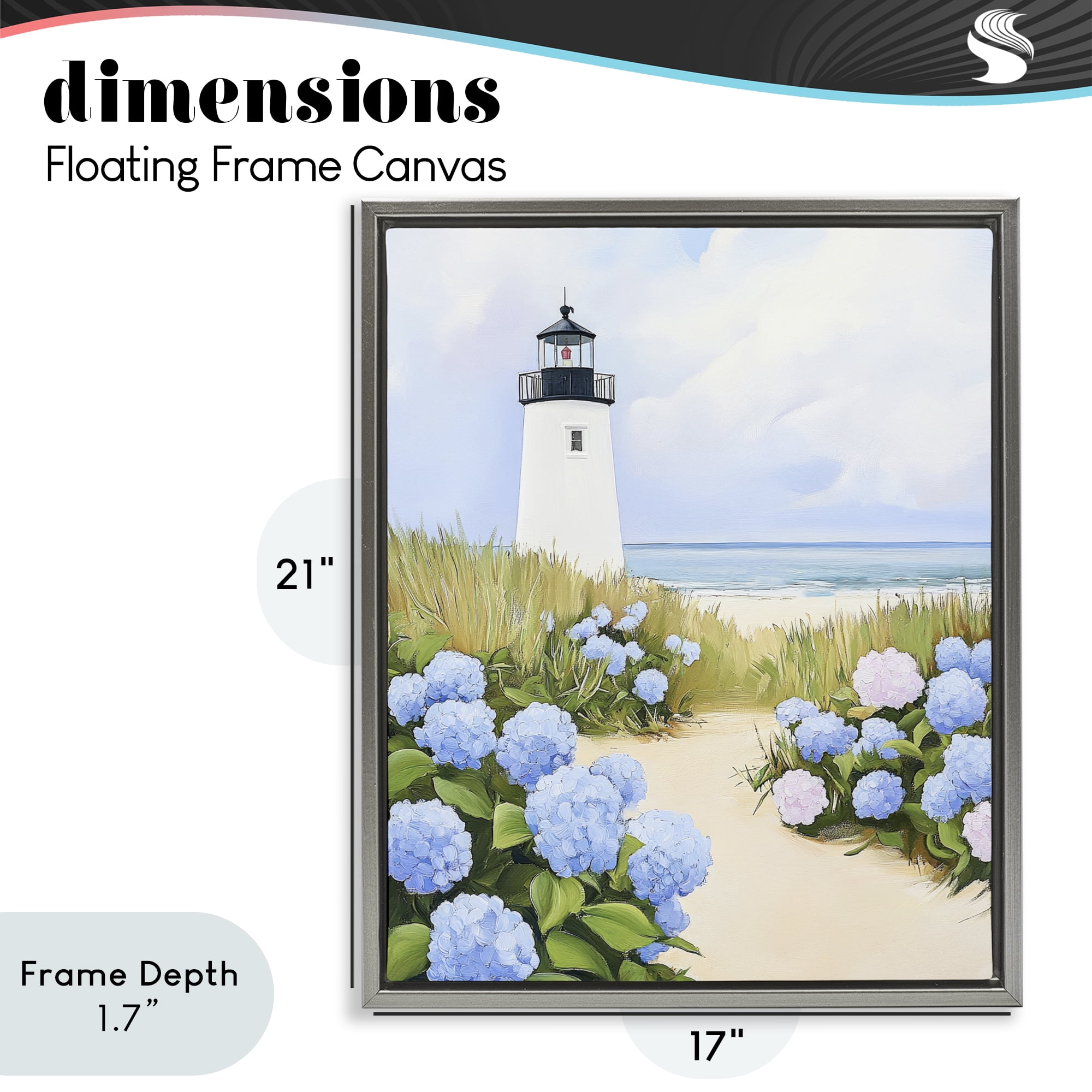 Stupell Industries Hydrangea Path Leading to Lighthouse Gray Framed Floater Canvas Wall Art, design by Sisi and Seb