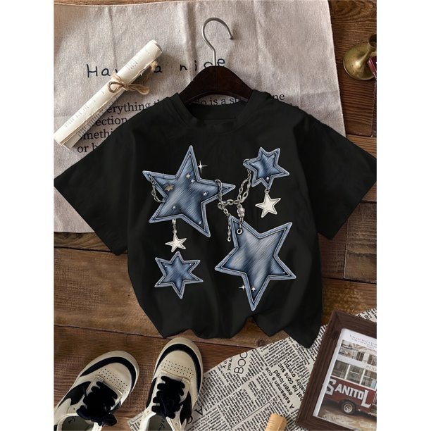 Camiseta holgada informal de manga corta con estampado de estrellas para niña, ideal para verano, cómoda camiseta de manga corta con cuello redondo, perfecta para uso informal de verano, camiseta de