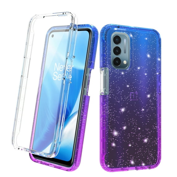 OnePlus Nord N200 5G Case With Built-in Screen Protector, Rosebono Hybrid Glitter Sparkle Transparent Colorful Gradient TPU Cover Case For OnePlus Nord N200 5G (Blue/Purple)