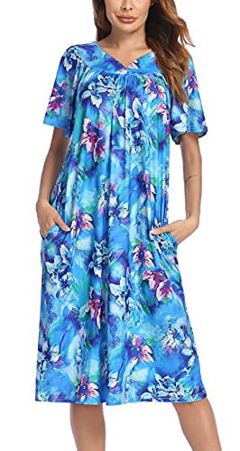 Ekouaer Women's Nightgown Short Sleeve Lounger House Dress-Floral Mumu Patio Dress with Pockets S-XXXL