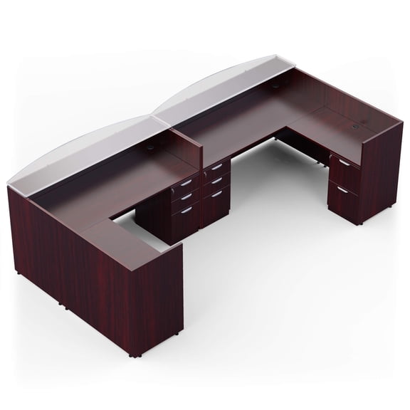 Attract 2 Person 142" x 71" Reception Desk with Glass Counter, L-Shaped Front Desk with Storage Drawers, Reception Station for Office, Clinic, Salon Lobby, American Mahogany, Self Assembly
