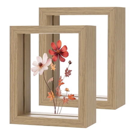 2-Pack Wooden Pressed Flower Frame, 3 x 4 Inch Double Acrylic Floating Picture Frame for Dried Flowers/Tabletop/DIY/Handicrafts [Wood Color]