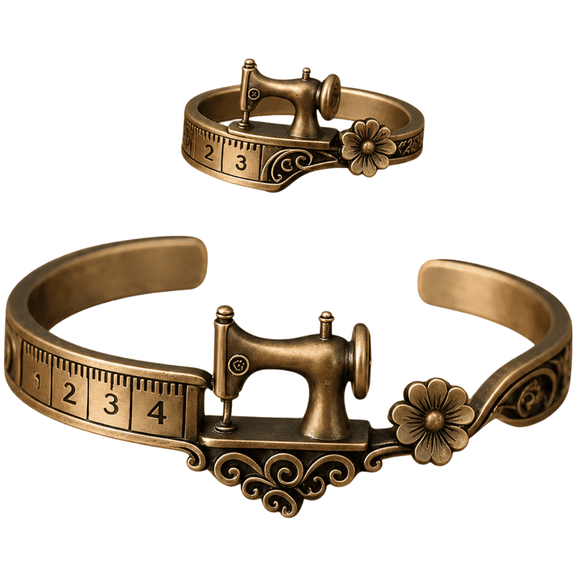 Sewing Machine Bracelet and Ring Set for Women, Retro 3D Sewing Machine Cuff Bangle with 1.2-1.6 in Ruler Design, Adjustable Vintage Bronze Iron Jewelry Set for Quilters Crafters Seamstresses Present