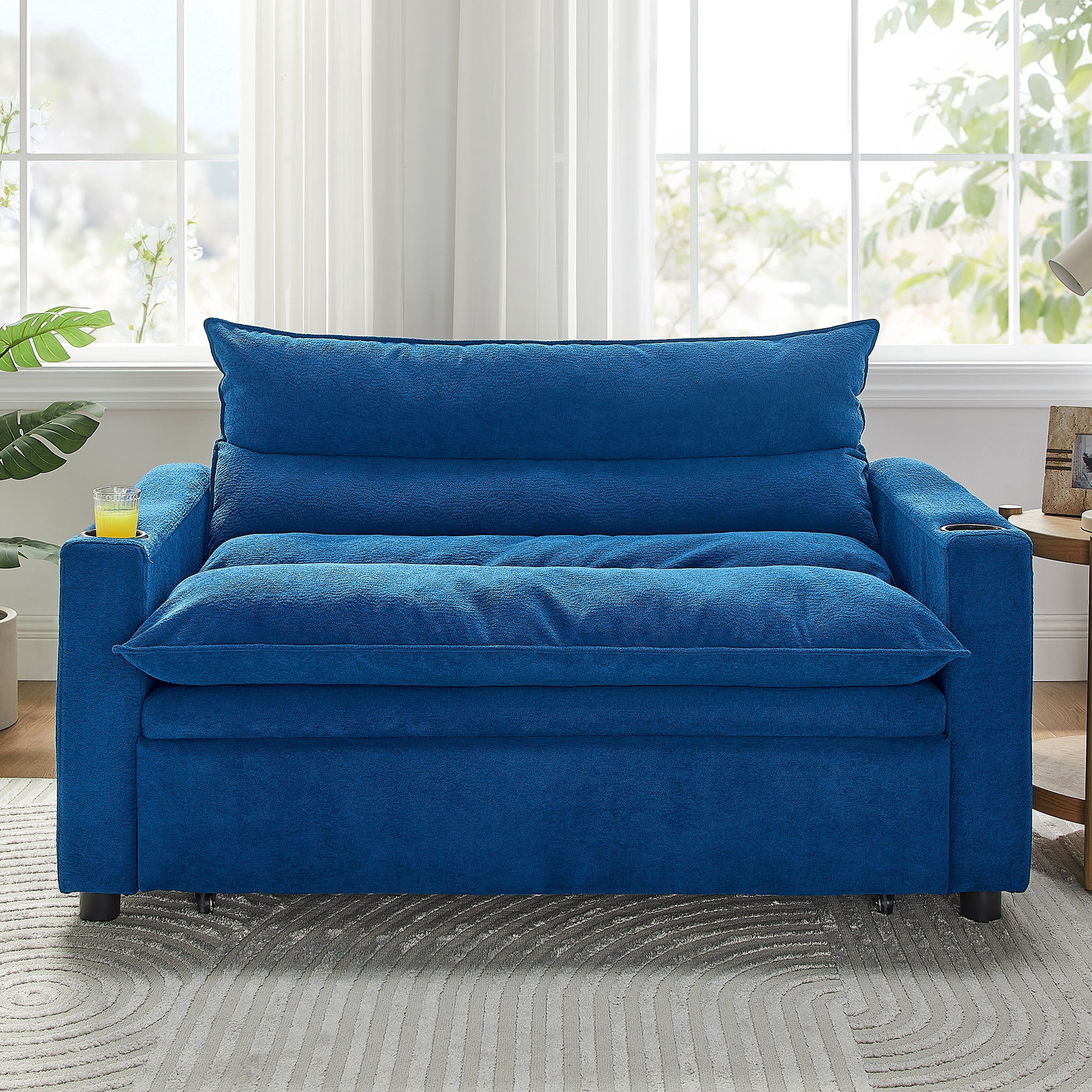 Aukfa 3 in 1 Convertible Pull Out Sofa Bed, Loveseat Sleeper with Thick Pad and Cup Holders for Living Room, Bedroom, Small Space, Blue