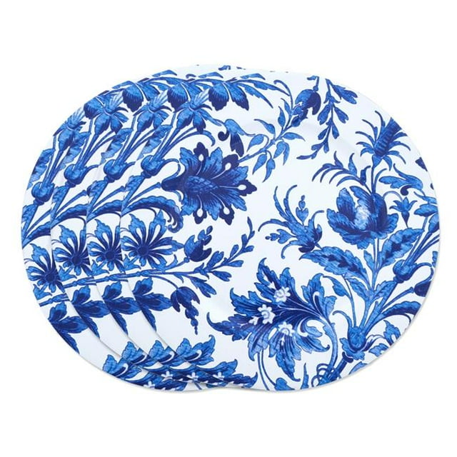 SARO Assiette de Recharge Décorative Ronde de 14 Po, Style Français, Imprimé Floral, Indigo - Ensemble de 4