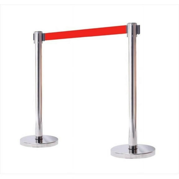 VIP Crowd Control 1007 12 in. Flat Base Mirror Post Retractable Belt Stanchion - 6.5 ft. Red Belt