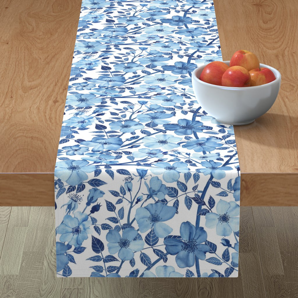 Table Runner Blue Watercolor Floral Flowers And Leaves Spring Cotton Sateen 