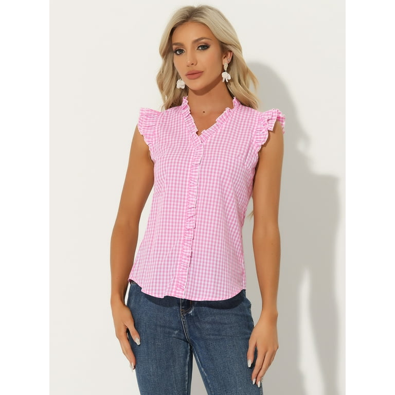 Unique Bargains Ruffle Shirt for Women s Cap Sleeve Plaid Gingham Blouse S Pink Walmart