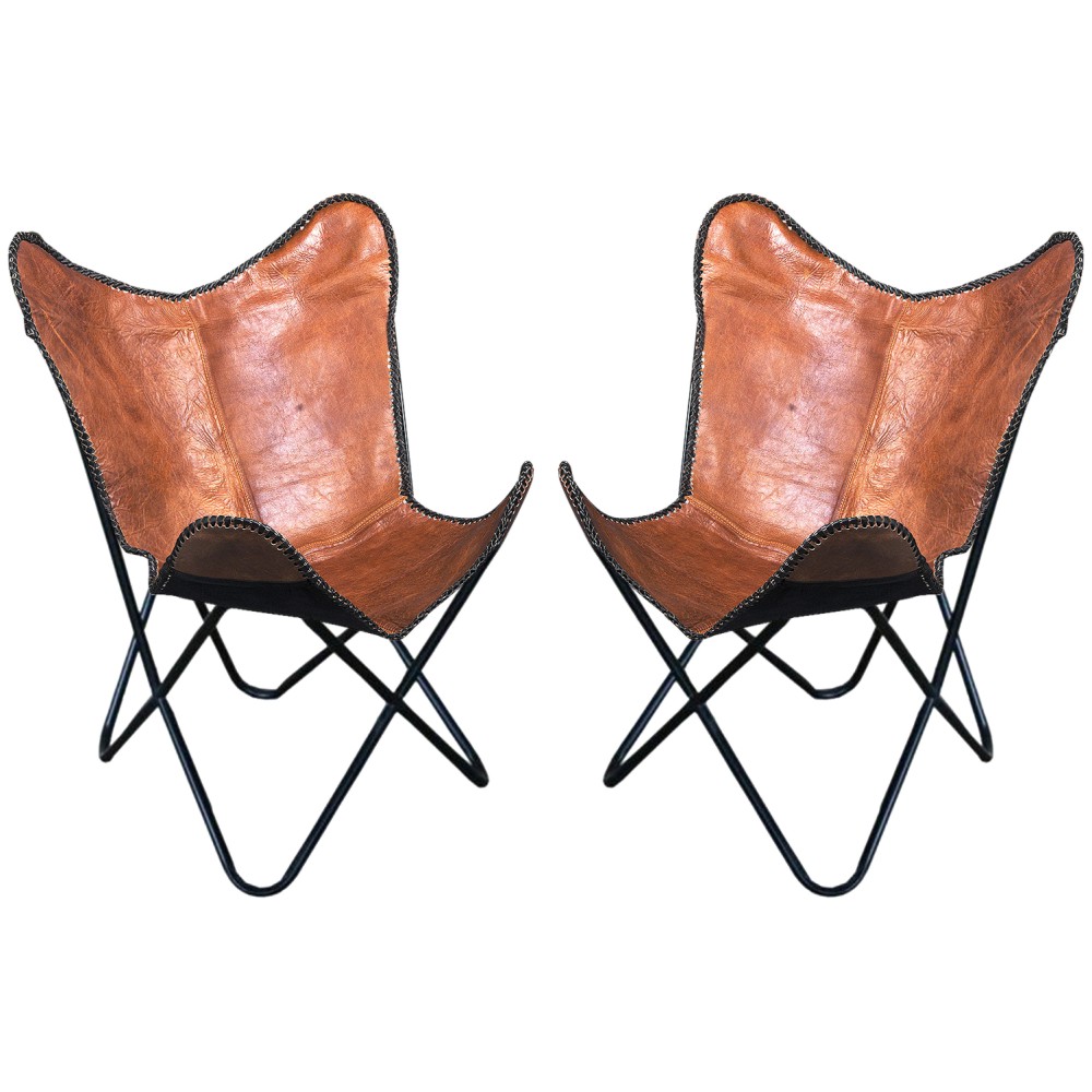 28HS Genuine Leather Butterfly Chair Folding Lounge Modern Sling Accent Seat