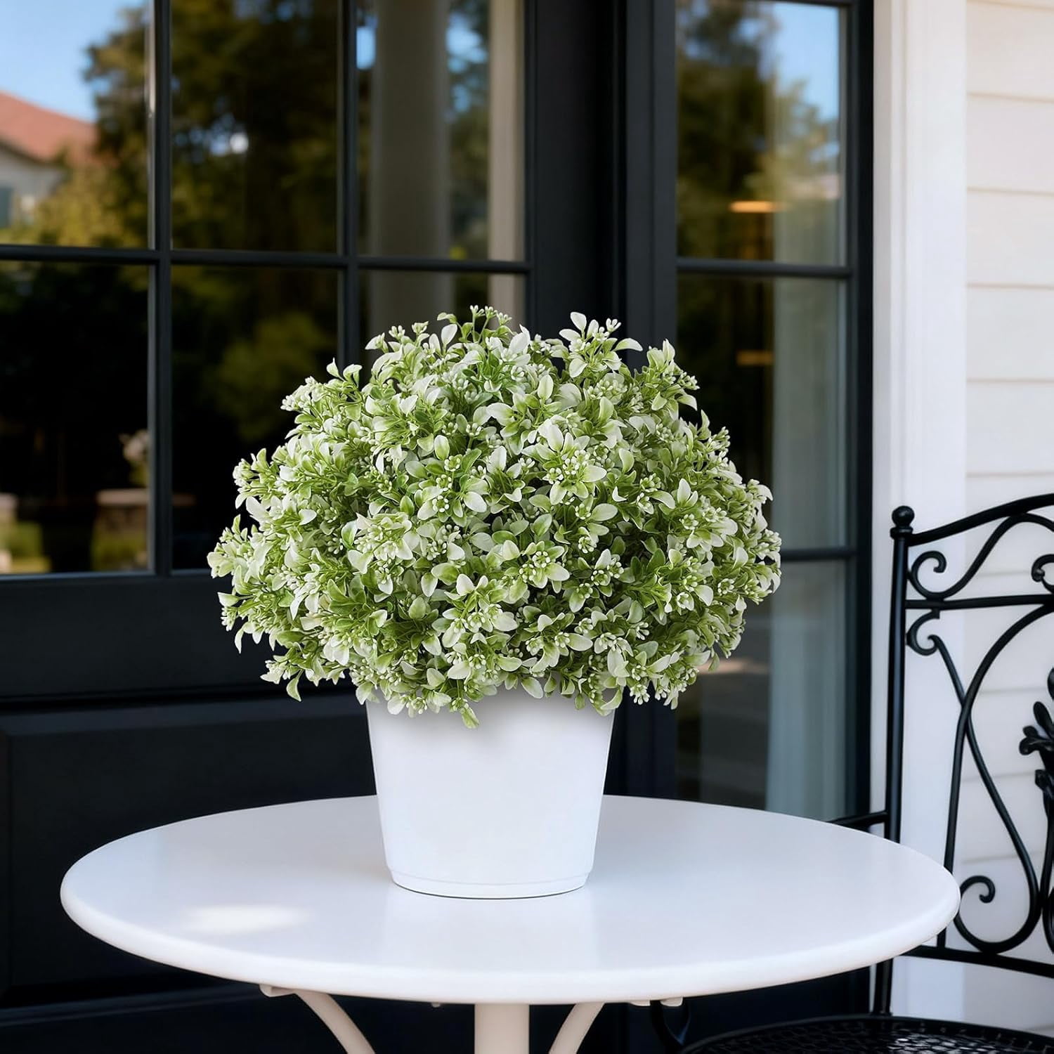 Set of 2 Artificial Boxwood Topiary Ball Trees for Front Door - Realistic Faux Aglaia Odorata Bush with Pot, Fake Eucalyptus Leaves Potted Plants for Porch Farmhouse Outdoor Decor (White-Green)