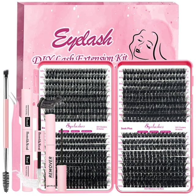 Qiveaory Kit de extensión de pestañas esponjosas DIY 684 piezas de pestañas gruesas D Curl Kit de extensión de pestañas con unión de pestañas y cepillo removedor de pestañas (0.394-0.709 in 50D+60D+80