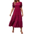 thumbnail image 2 of Guieoi Womens Dresses Plus Size Tiered Boho Style Summer Short-Sleeve Pleated Ruffled Dress Round-Neck Dress Red XL, 2 of 6