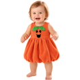 thumbnail image 5 of Toddler Girls Pumpkin Sleeveless Bubble Dress, Jack-o'-Lantern Face Outfit With Matching Leaf Headband Soft Fleece Halloween Costume for Party Cosplay Photo Wear(Orange5,5-6 Years), 5 of 5