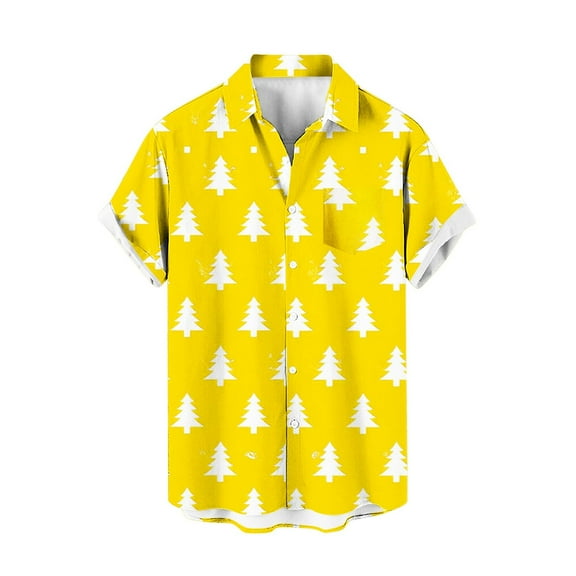 KeShDi Christmas Funny Shirts Christmas Men Casual Fashion Turndown Collar Printing Short Sleeve Button Shirt Blouse Yellow 5X