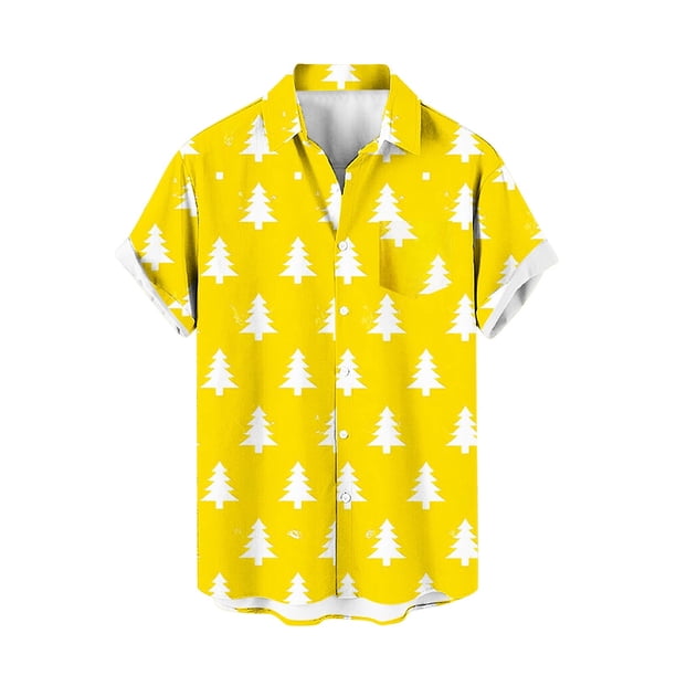 Mens Manga Corta Botón Abajo Camisas, Navidad Impreso Turndown Cuello Blusa, Top de Moda Casual